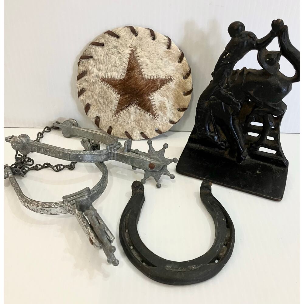 Antique Western Decor Cast Iron Rodeo Bookend Horseshoe Metal Toy Spurs Cowhide